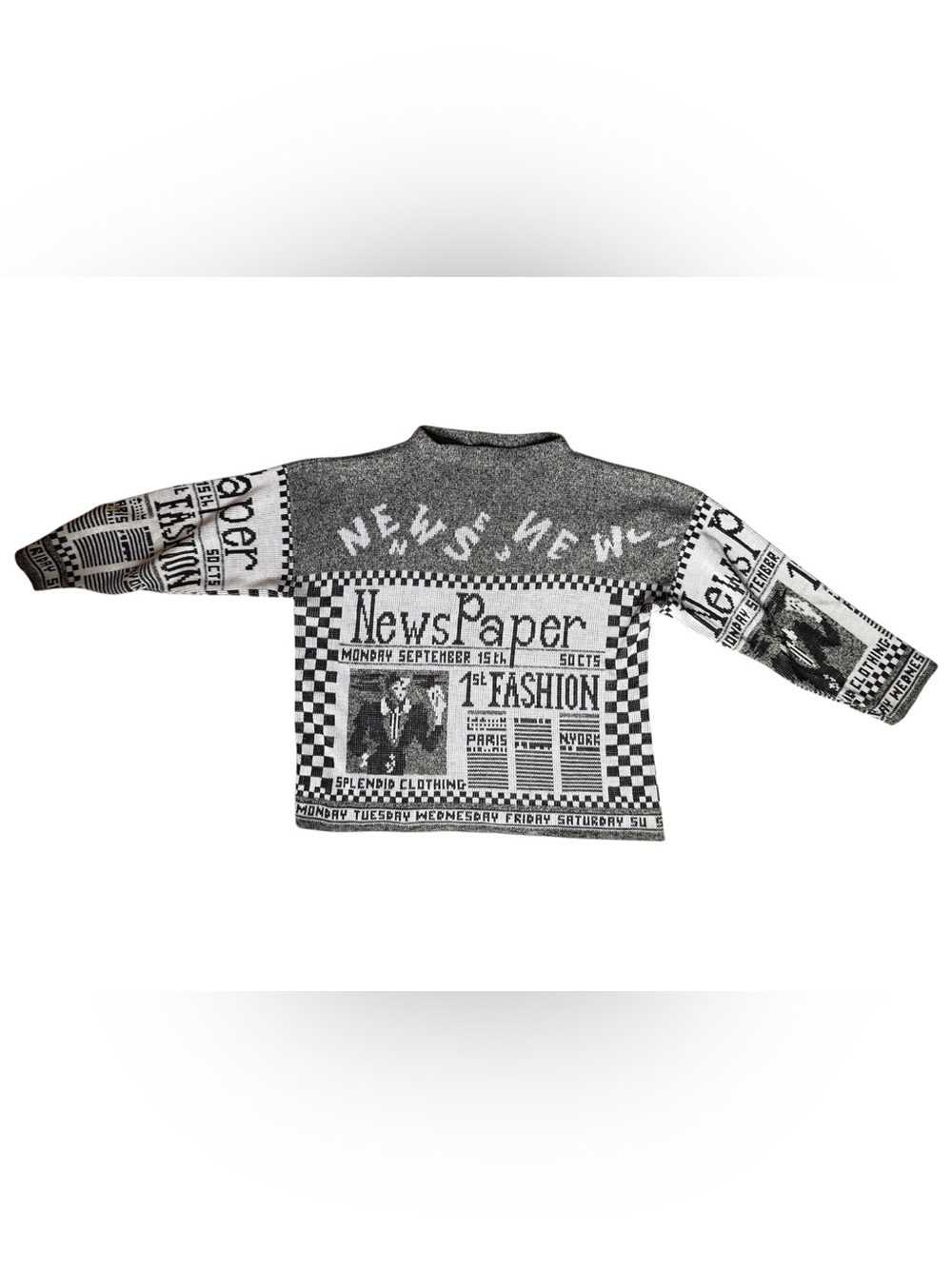 Black & White Graphic Crewneck Newsprint Sweater - Picture 2 of 7